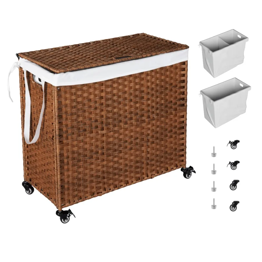 Laundry Hamper With Lid PE Rattan Powder Coating Frame Clothes Hampers with 02 Removable Bags Wheels 160L Brown Color
Laundry Hamper With Lid PE Rattan Powder Coating Frame Clothes Hampers with 02 Removable Bags Wheels 160L Brown Color
