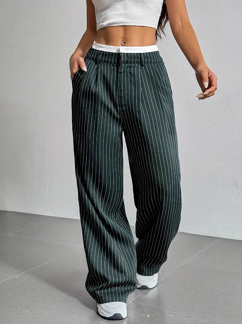 High Waist Wide Leg Cheered Striped Suit Pants Color Blo Stripe Design Straight Cut Long Trousers for Young Women
High Waist Wide Leg Cheered Striped Suit Pants Color Blo Stripe Design Straight Cut Long Trousers for Young Women