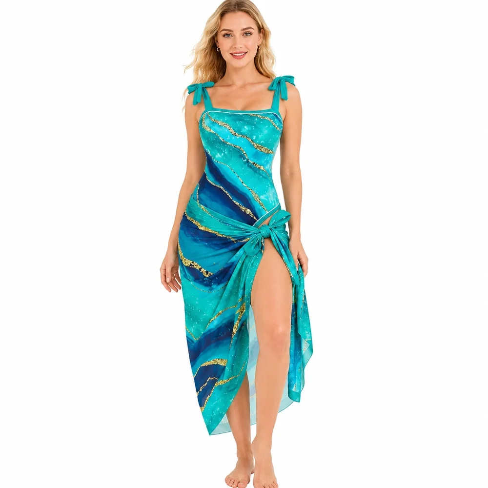 Women Two Piece Swimwear Set Blue Green One Piece Swimsuit with Cover Up Skirt Off Shoulder Tie Straps Beach Pool Vacation
Women Two Piece Swimwear Set Blue Green One Piece Swimsuit with Cover Up Skirt Off Shoulder Tie Straps Beach Pool Vacation