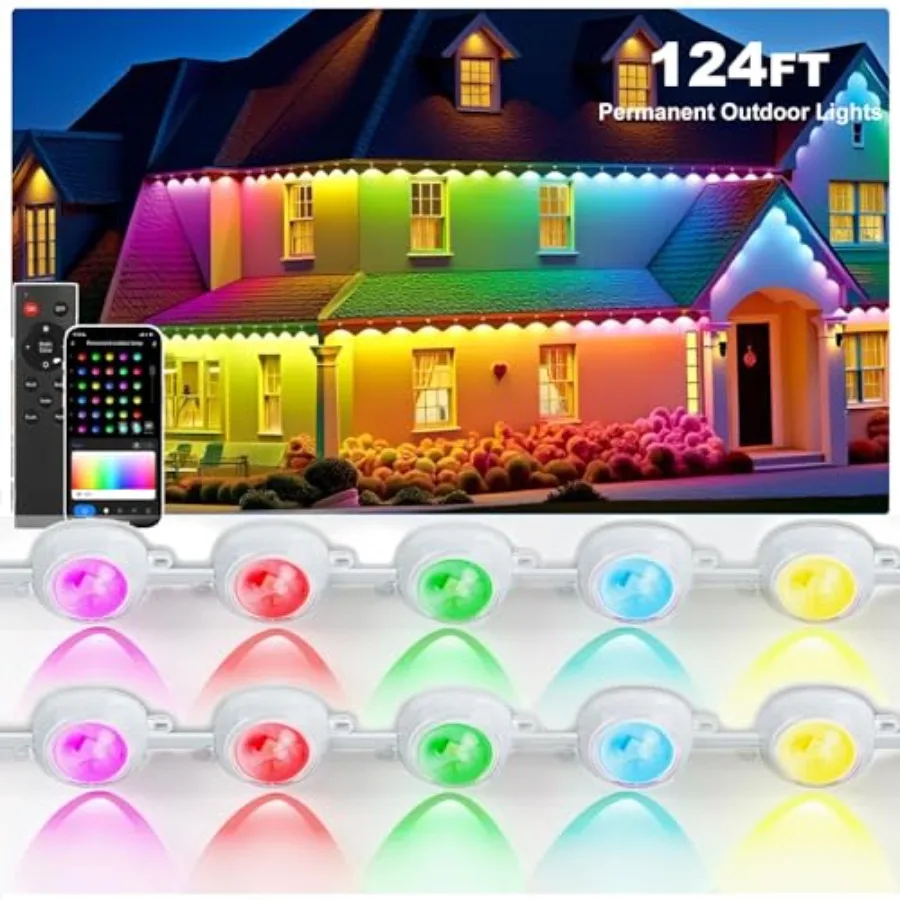 124FT Permanent Outdoor string Lights, Smart RGB Color-Changing Eaves Lights with 72 LED, IP67 Waterproof Exterior Lights, App
124FT Permanent Outdoor string Lights, Smart RGB Color-Changing Eaves Lights with 72 LED, IP67 Waterproof Exterior Lights, App