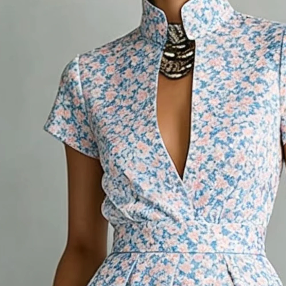 Women's Summer Blue Floral Print Maxi Dress Short Sleeve Stand Collar Side Pocket Slim Casual Dresses Party Banquet Long Gown
Women's Summer Blue Floral Print Maxi Dress Short Sleeve Stand Collar Side Pocket Slim Casual Dresses Party Banquet Long Gown