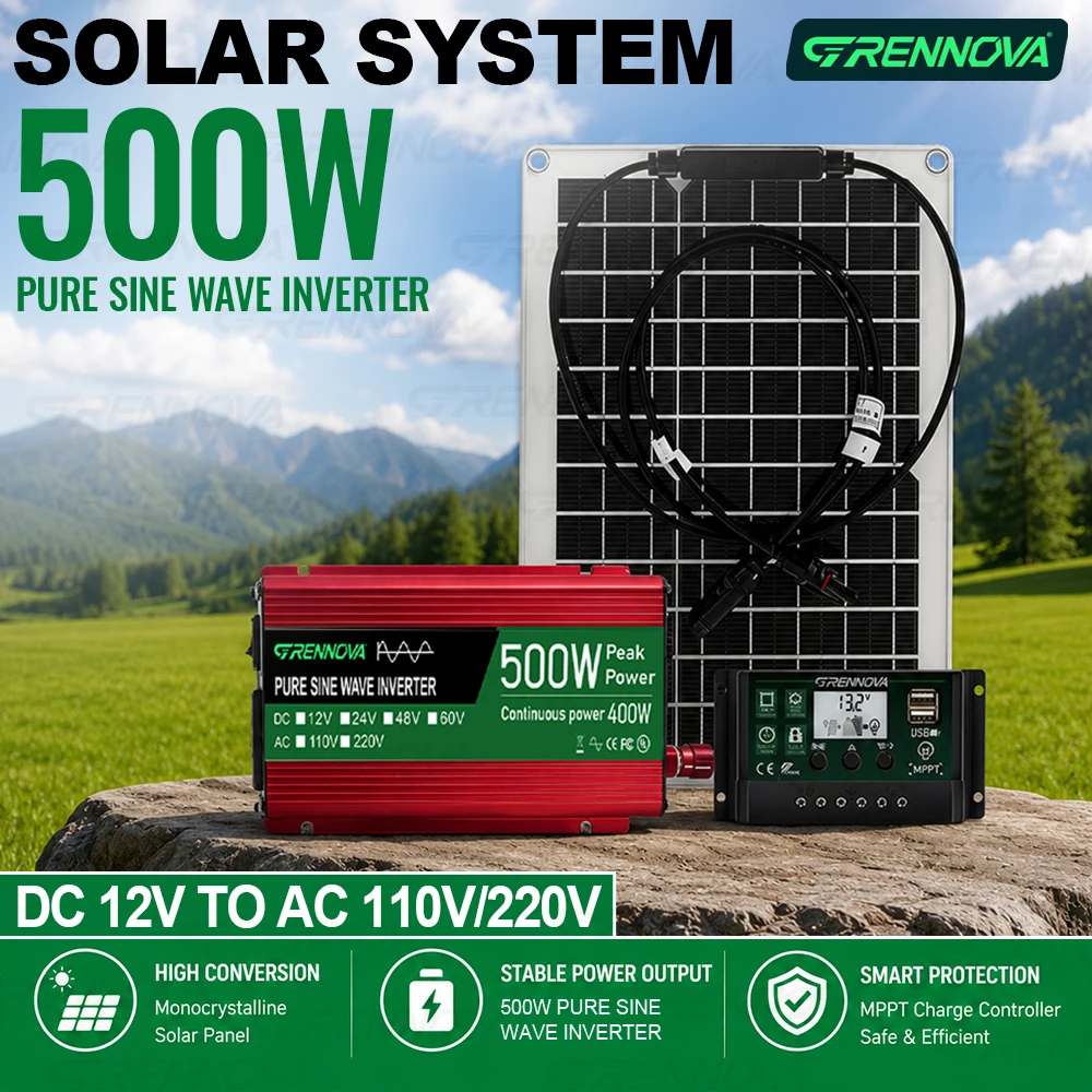 Pure Sine Wave Solar Power Solution 50W Panel 60A Controller Inverter (Peak 500W Continuous 400W)12V to 110V/220V for Balcony RV
Pure Sine Wave Solar Power Solution 50W Panel 60A Controller Inverter (Peak 500W Continuous 400W)12V to 110V/220V for Balcony RV