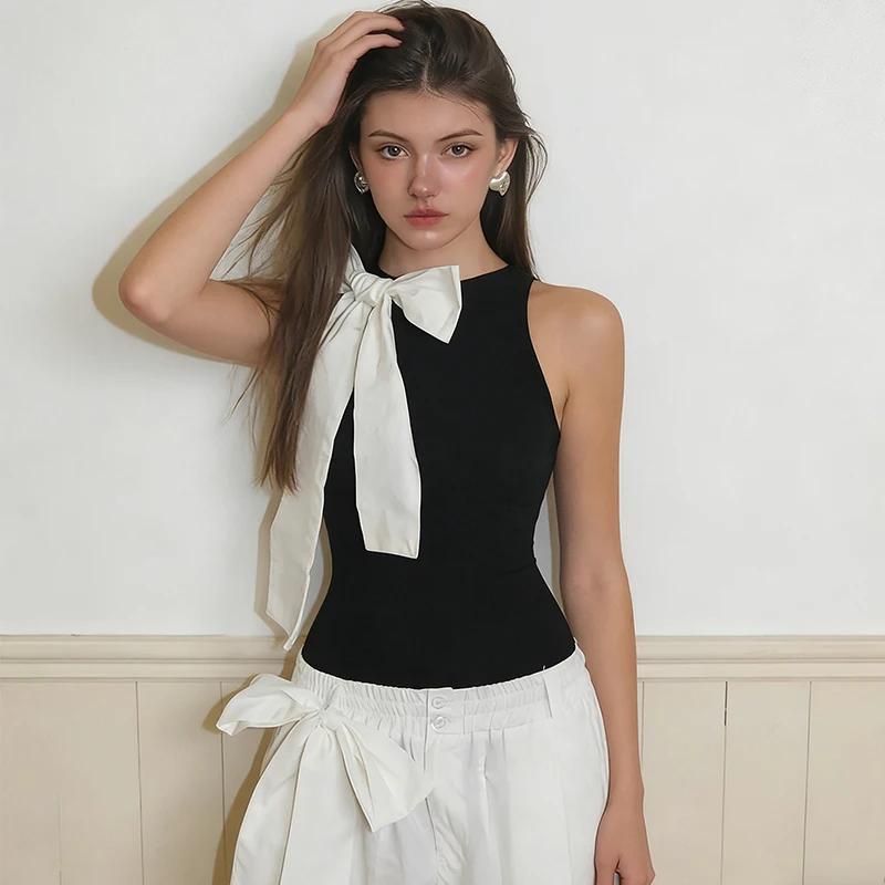Women Clothing Summer European American Color Blocking Sleeveless Round Neck Bow Decoration Pullover Tight-fitting Sexy Bodysuit
Women Clothing Summer European American Color Blocking Sleeveless Round Neck Bow Decoration Pullover Tight-fitting Sexy Bodysuit