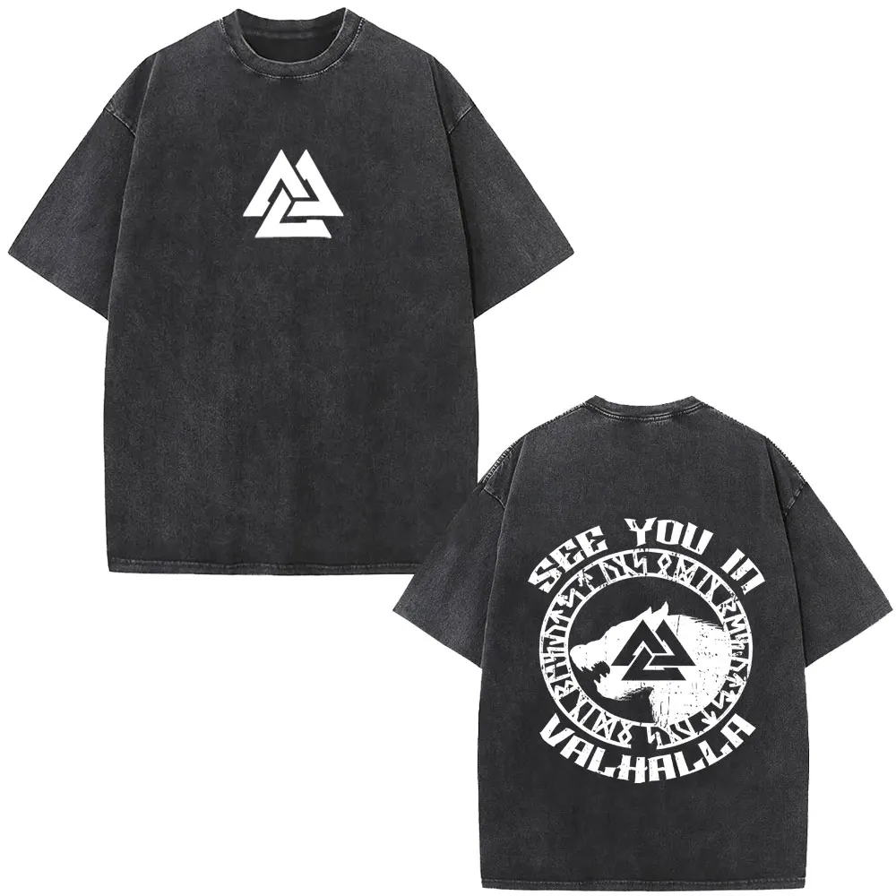 Washed Vintage Viking Runic Compass See You in Valhalla Valknut Wolf Graphic T-shirt Men Women Casual Retro Oversized T-shirts
Washed Vintage Viking Runic Compass See You in Valhalla Valknut Wolf Graphic T-shirt Men Women Casual Retro Oversized T-shirts