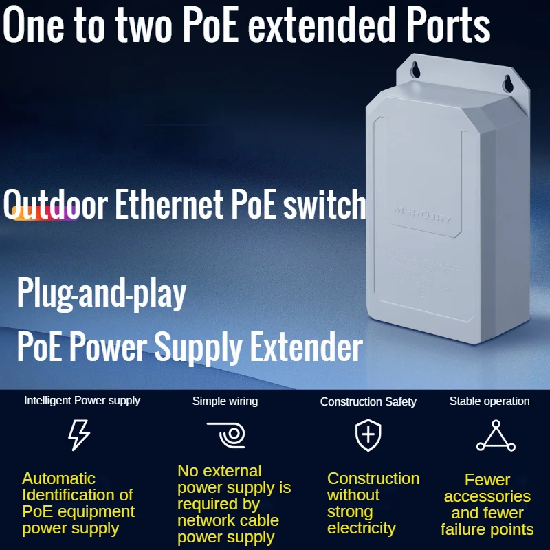 PoE Power Supply Extender 1 to 2 PoE extended ports, Outdoor Rain-proof water-proof Ethernet PoE switch Plug&Play IEEE802.3af/at
PoE Power Supply Extender 1 to 2 PoE extended ports, Outdoor Rain-proof water-proof Ethernet PoE switch Plug&Play IEEE802.3af/at