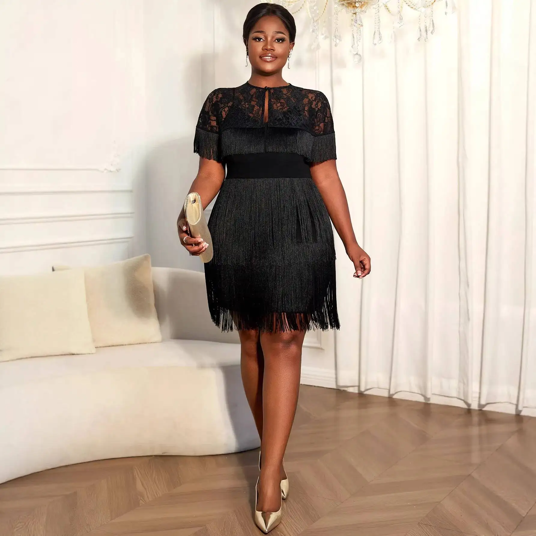 Plus-size Women's Black Fringed Lace Dress With Cape Straps, Waist-cinching Elegant Party Dress Summer Elegantes Casual Y2K
Plus-size Women's Black Fringed Lace Dress With Cape Straps, Waist-cinching Elegant Party Dress Summer Elegantes Casual Y2K