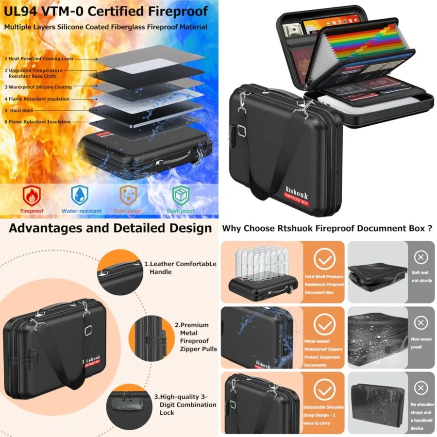 Fireproof Document Box with Lock and Shoulder Strap - Waterproof Hard-Shell File Organizer with Pocket Accordion File Folder, P
Fireproof Document Box with Lock and Shoulder Strap - Waterproof Hard-Shell File Organizer with Pocket Accordion File Folder, P