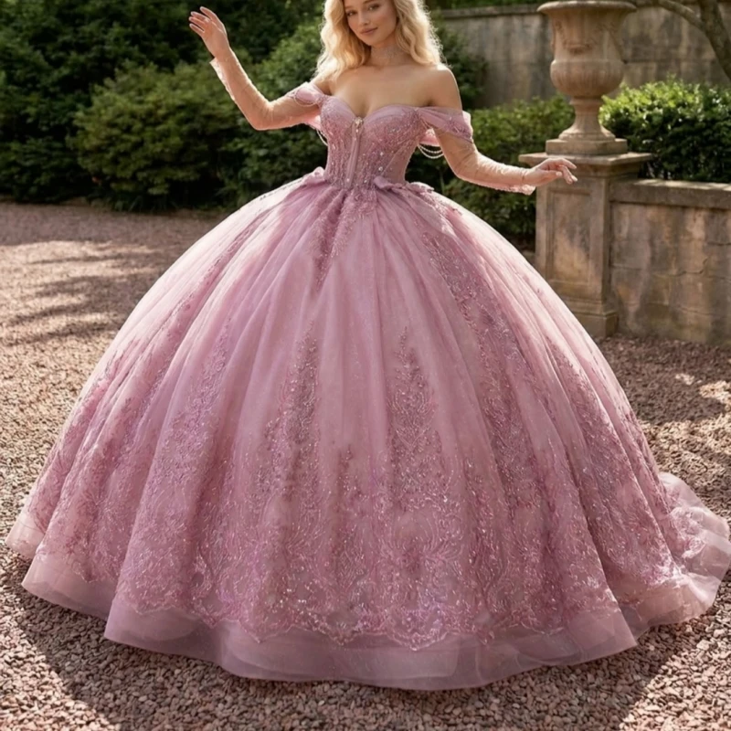 Pink shiny Ball Gown Quinceanera Dresses Sequin Applique Lace Beading Crystal Bow Tiered Tull Corset Off The Shoulder Sweet 16
Pink shiny Ball Gown Quinceanera Dresses Sequin Applique Lace Beading Crystal Bow Tiered Tull Corset Off The Shoulder Sweet 16