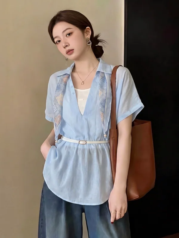 Light Blue V-Neck Shoulder-Length Women's Shirt Summer New plus Size Mid-Length Waist-Cinching Top Two-Piece Set Commute Style
Light Blue V-Neck Shoulder-Length Women's Shirt Summer New plus Size Mid-Length Waist-Cinching Top Two-Piece Set Commute Style