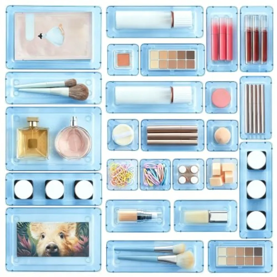 25 PCS Plastic Drawer Organizers Set, 4-Size Versatile Bathroom and Vanity Drawer Organizer Trays, Storage Bins for Makeup, Bed
25 PCS Plastic Drawer Organizers Set, 4-Size Versatile Bathroom and Vanity Drawer Organizer Trays, Storage Bins for Makeup, Bed