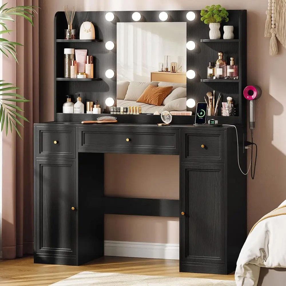 Large Vanity Desk with Mirror, Lights, Power Outlets, Storage, Adjustable Brightness for Makeup, Black
Large Vanity Desk with Mirror, Lights, Power Outlets, Storage, Adjustable Brightness for Makeup, Black