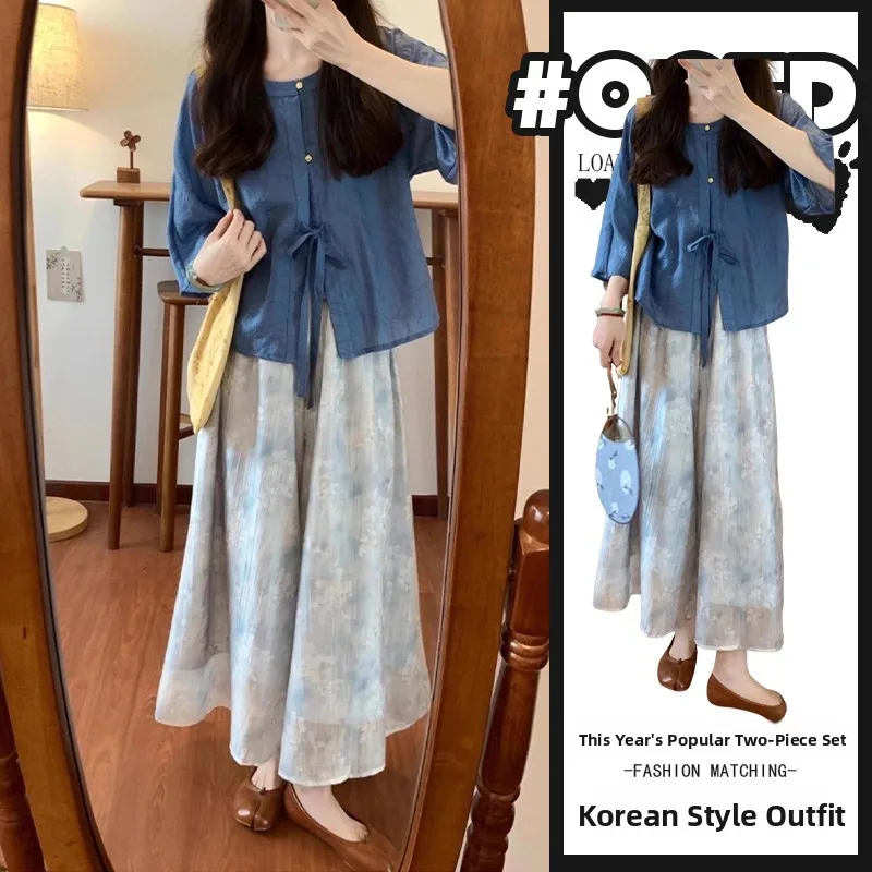 Blue round Neck Shirt Print Skirt Two-Piece Set New Chinese Style National Trend Design Casual Summer Fashion Women's Ensemble
Blue round Neck Shirt Print Skirt Two-Piece Set New Chinese Style National Trend Design Casual Summer Fashion Women's Ensemble