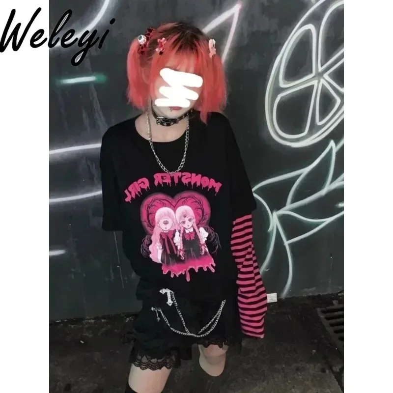 Japanese Girl Sweet Cool Black Graphic T Shirts Spring and Summer Printed Tops Student Striped Stitching Fake Two Piece T Shirt
Japanese Girl Sweet Cool Black Graphic T Shirts Spring and Summer Printed Tops Student Striped Stitching Fake Two Piece T Shirt