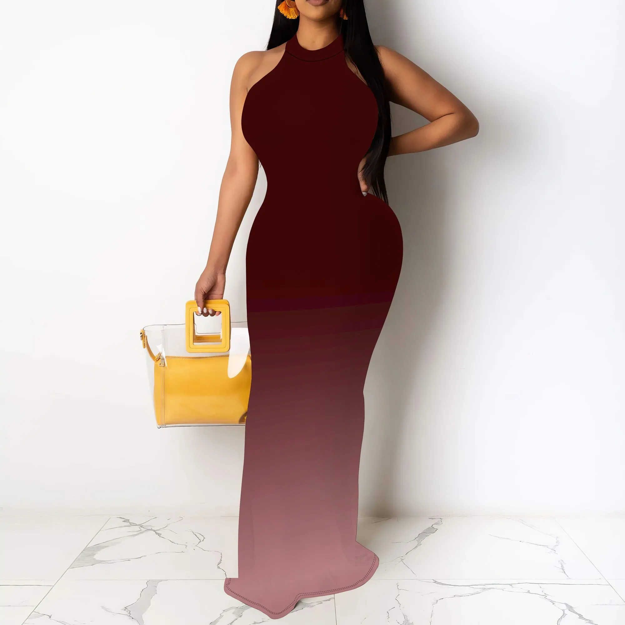 Gradient Wine Red Sleeveless Halter Neck Maxi Dress for Women Bodycon Fit Summer Evening Look 
Gradient Wine Red Sleeveless Halter Neck Maxi Dress for Women Bodycon Fit Summer Evening Look