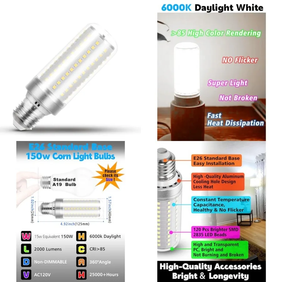 Big Size: 1.57x4.92 inch E26/E27 LED Bulb, 150w Equivalent 2000 Lumen 6000K Daylight White 15W Ceiling Fan LED Light Bulb for H
Big Size: 1.57x4.92 inch E26/E27 LED Bulb, 150w Equivalent 2000 Lumen 6000K Daylight White 15W Ceiling Fan LED Light Bulb for H
