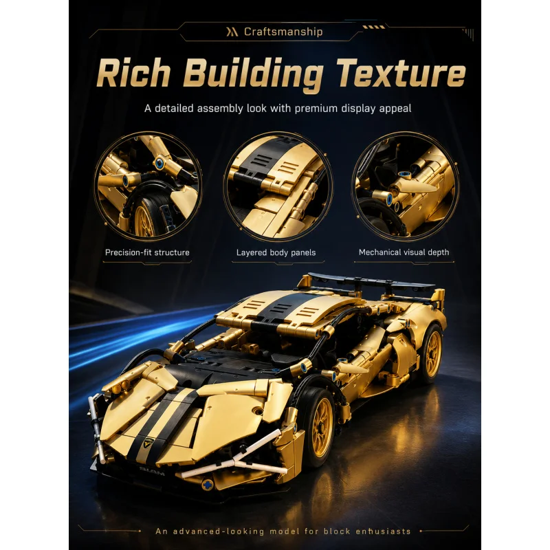 Gold Cyberpunk Supercar Building Blocks 982PCS 1:14 Sports Racing Car Model Kit Collectible Display Bricks Toy Gift for Boys Adu
Gold Cyberpunk Supercar Building Blocks 982PCS 1:14 Sports Racing Car Model Kit Collectible Display Bricks Toy Gift for Boys Adu