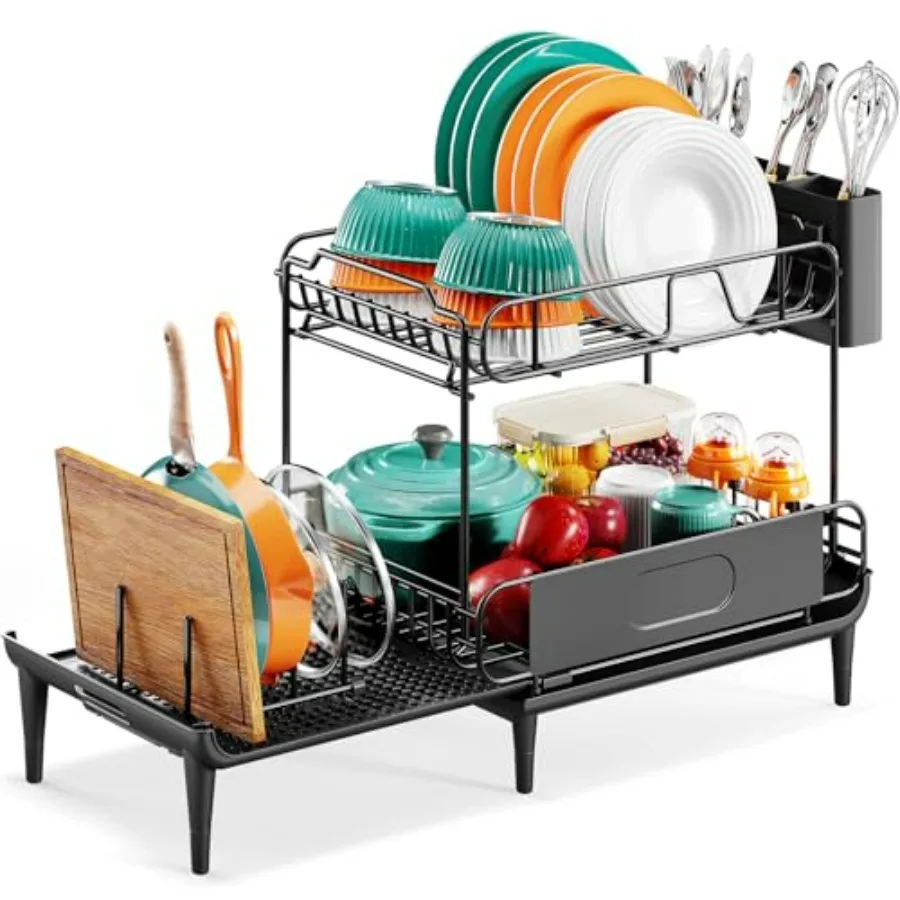 Expandable 2-Tier Black Dish Drying Rack for Kitchen Counter with Large Ccity Drainboard and Removable Cutlery Holder
Expandable 2-Tier Black Dish Drying Rack for Kitchen Counter with Large Ccity Drainboard and Removable Cutlery Holder