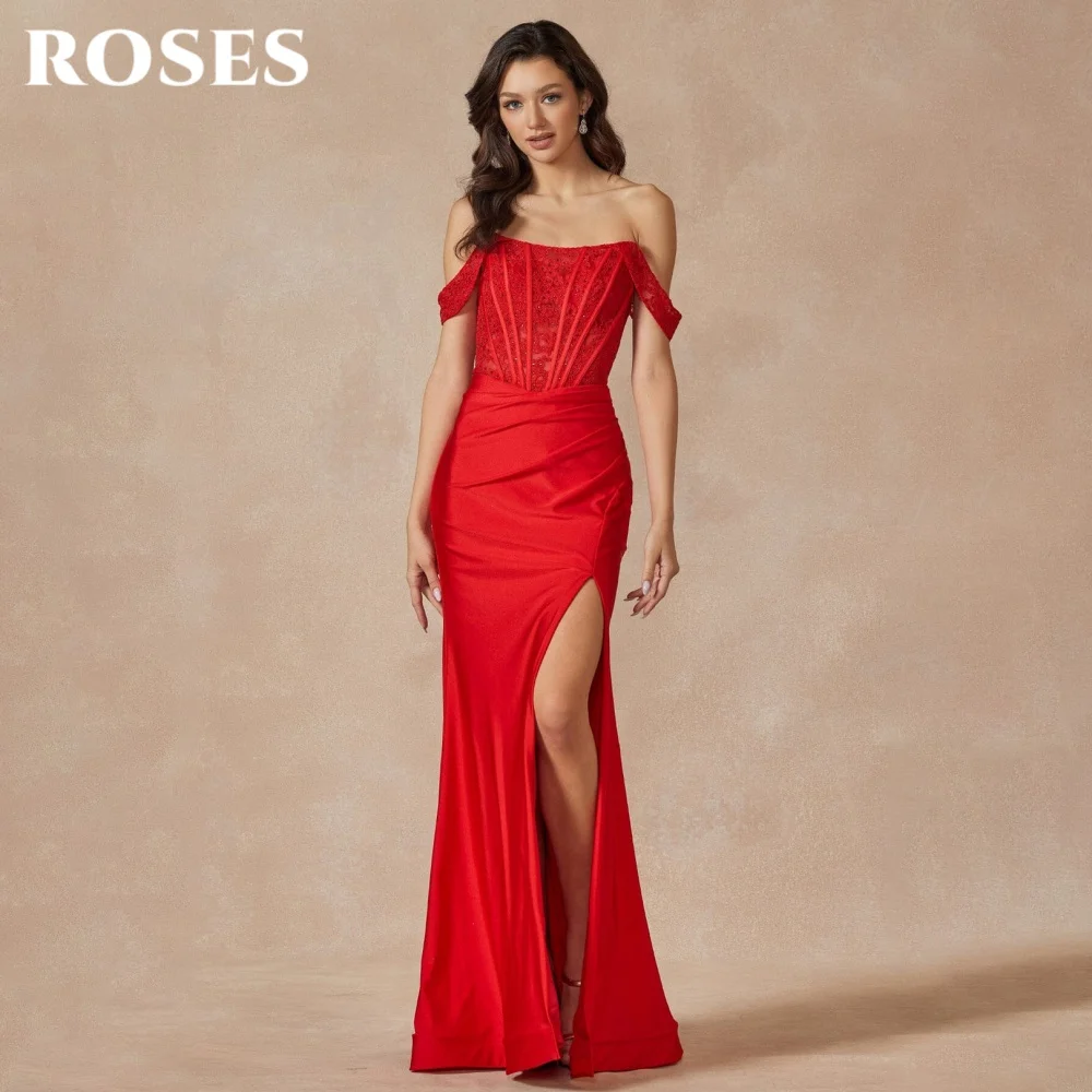 ROSES Red Elegant Prom Dresses Boat-Neck Off the Shoulder Prom Gown for Woman Lace Hollow Formal Gown with Fishbone Customized
ROSES Red Elegant Prom Dresses Boat-Neck Off the Shoulder Prom Gown for Woman Lace Hollow Formal Gown with Fishbone Customized