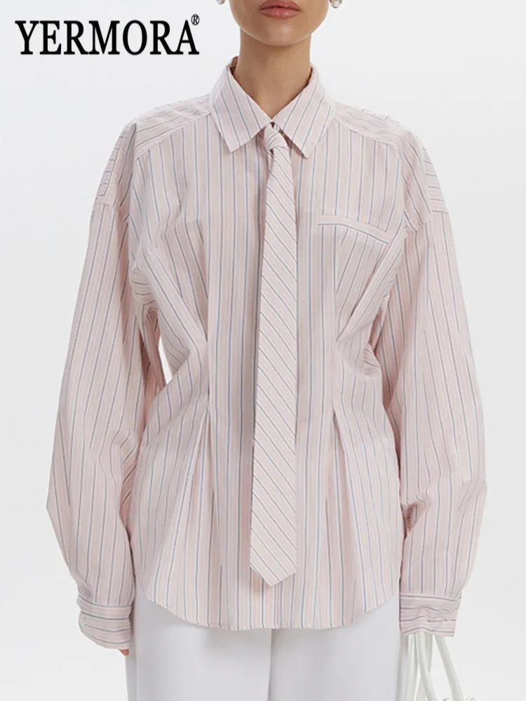 YERMORA Pink Striped Necktie Brief Casual Blouse For Women Lapel Long Sleeve Loose Mew Shirt Fashion Tide Spring Autumn 2026
YERMORA Pink Striped Necktie Brief Casual Blouse For Women Lapel Long Sleeve Loose Mew Shirt Fashion Tide Spring Autumn 2026