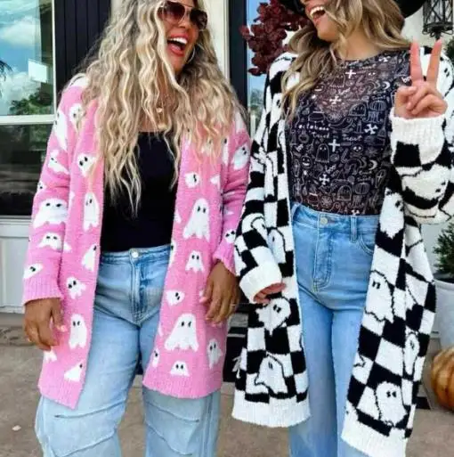 Вязаный кардиган с призрачным узором на Хэллоуин, женская повседневная одежда, осенне-зимний новый модный свободный свитер, куртка для женщин
Вязаный кардиган с призрачным узором на Хэллоуин, женская повседневная одежда, осенне-зимний новый модный свободный свитер, куртка для женщин