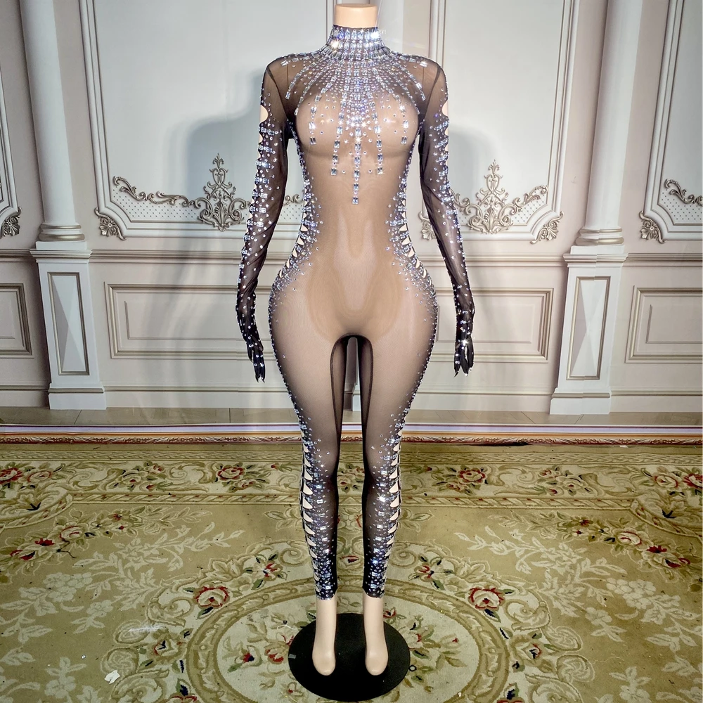 Sexy Black Mesh Transparent Rhinestones Jumpsuit Gloves Women Evening Birthday Outfit Performance Show Dance Costume Stage Wear
Sexy Black Mesh Transparent Rhinestones Jumpsuit Gloves Women Evening Birthday Outfit Performance Show Dance Costume Stage Wear