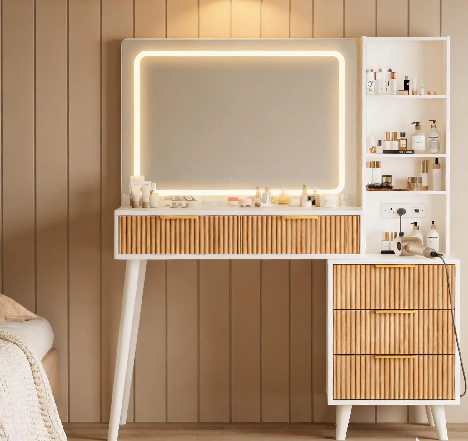 Bedroom Makeup Vanity with Mirror, 5-Drawer Storage, Adjustable LED Lights, Power Outlet, Oak Finish Dressing Table Set
Bedroom Makeup Vanity with Mirror, 5-Drawer Storage, Adjustable LED Lights, Power Outlet, Oak Finish Dressing Table Set