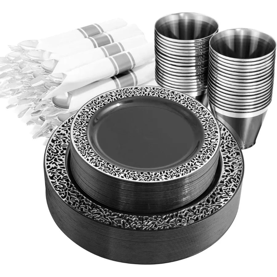 210PCS Black and Silver Dinnerware Set for 30 Guests Black Plastic Plates with Silver Rim Include 30 Dinner 30 Dessert Plates 3
210PCS Black and Silver Dinnerware Set for 30 Guests Black Plastic Plates with Silver Rim Include 30 Dinner 30 Dessert Plates 3