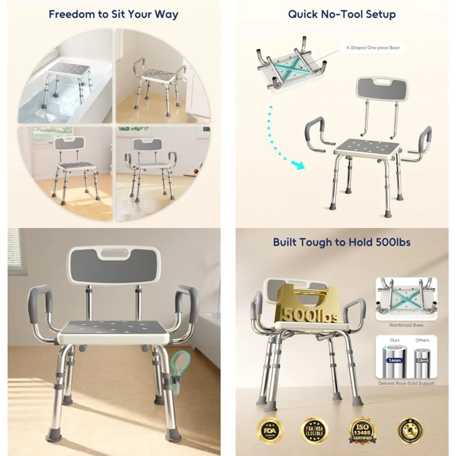 Shower Chair for Inside Shower with Arms and Back, 500lbs Capacity Height Adjustable Shower Seat with Thickened Frame for Senio
Shower Chair for Inside Shower with Arms and Back, 500lbs Capacity Height Adjustable Shower Seat with Thickened Frame for Senio