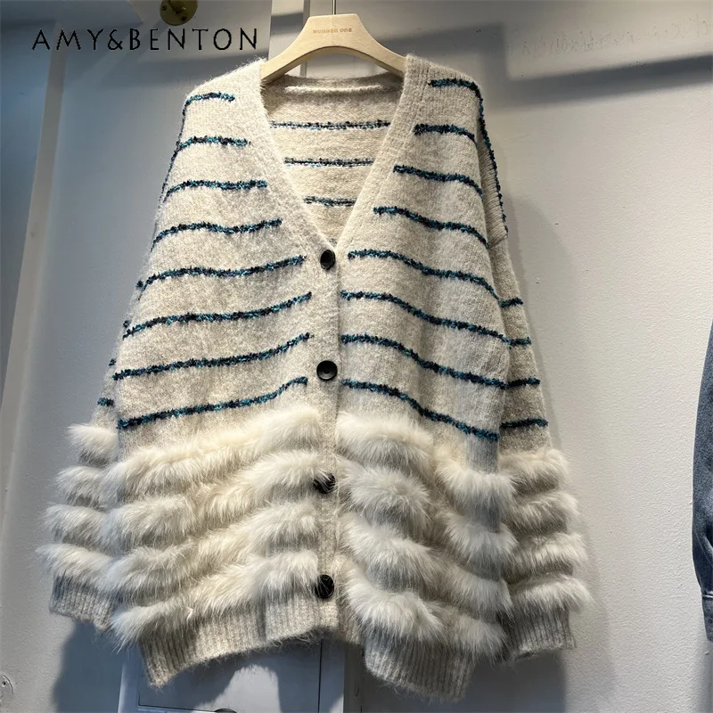 High-end Striped Knitted Sweater For Women Korean Style Mid-length Loose Slimming Knitwear Top Coat Single-breasted Cardigan Top
High-end Striped Knitted Sweater For Women Korean Style Mid-length Loose Slimming Knitwear Top Coat Single-breasted Cardigan Top