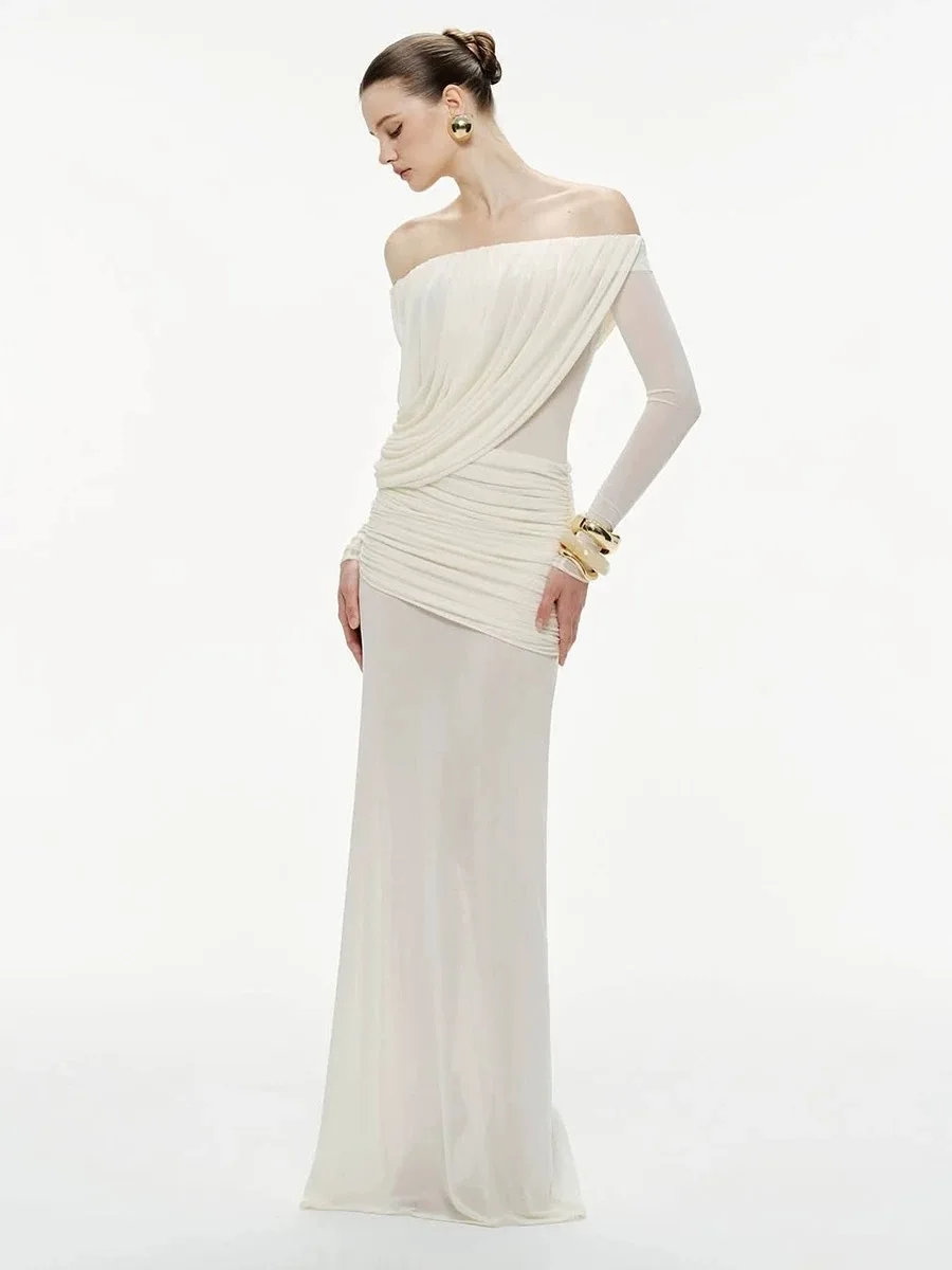 High-end Fold Chest Hugging Dresses Women Spring Mesh One Shoulder Long Sleeve Slim Dress Summer High Waist Knee Length Dress
High-end Fold Chest Hugging Dresses Women Spring Mesh One Shoulder Long Sleeve Slim Dress Summer High Waist Knee Length Dress