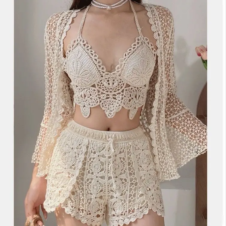 Sexy Hollow Lace Beach Shorts Set Women's Solid Knitted Bikini 3-Piece Beach Vacation Set Shorts, Underwear, Coat
Sexy Hollow Lace Beach Shorts Set Women's Solid Knitted Bikini 3-Piece Beach Vacation Set Shorts, Underwear, Coat