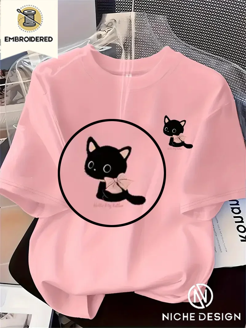 Women's Embroidered T-Shirt Casual Black Cat with Pink Bow - Soft Round Neck Short Sleeve Top, Light Yellow, Perfect for Spring
Women's Embroidered T-Shirt Casual Black Cat with Pink Bow - Soft Round Neck Short Sleeve Top, Light Yellow, Perfect for Spring