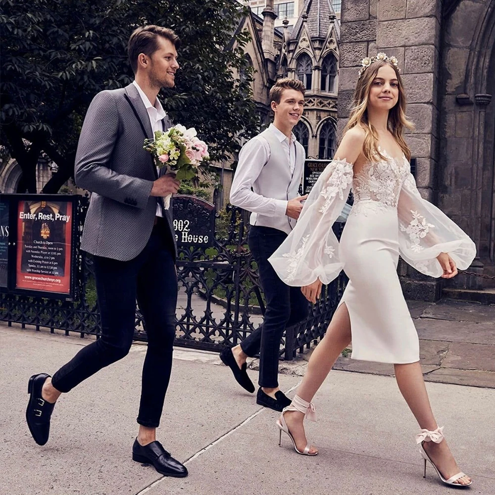 Bowith Tea-Length Wedding Party Dresses Detachable Puff Sleeves Spaghetti Straps Gorgeous Lace Bridal Dresses Customized 
Bowith Tea-Length Wedding Party Dresses Detachable Puff Sleeves Spaghetti Straps Gorgeous Lace Bridal Dresses Customized