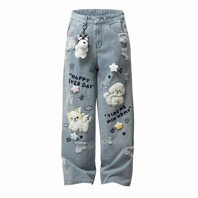 Cute Dog Plush Patch Jeans Men Women Wide Leg Ripped Denim Pants Star Decor Embroidery Streetwear Harajuku Kawaii Trousers
Cute Dog Plush Patch Jeans Men Women Wide Leg Ripped Denim Pants Star Decor Embroidery Streetwear Harajuku Kawaii Trousers
