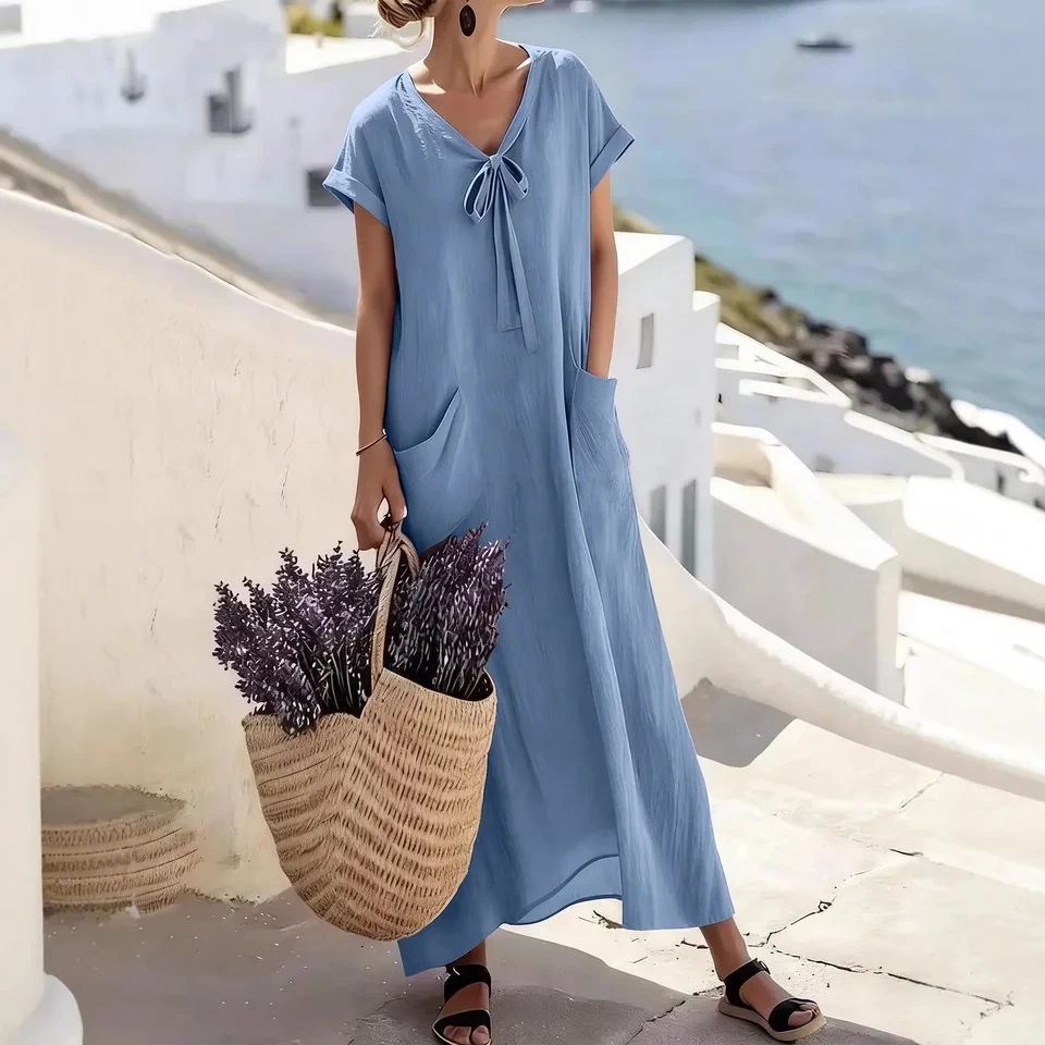 2026 New V Neck Tie Front Short Sleeve Loose Fit Pocket Solid Color Dress Casual Slimming Elegant Long Dress
2026 New V Neck Tie Front Short Sleeve Loose Fit Pocket Solid Color Dress Casual Slimming Elegant Long Dress