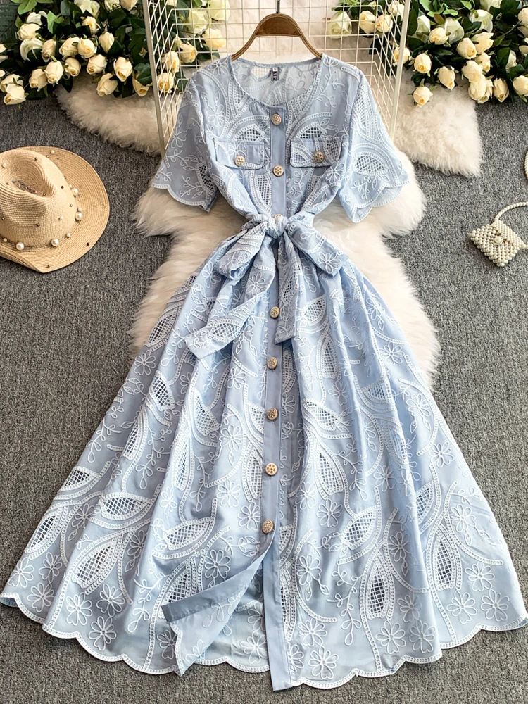 Summer Elegant Dresses Single Breasted Short Sleeve Solid Color Hollow Out Long Dress Design High Waist 2025 New Women Clothing
Summer Elegant Dresses Single Breasted Short Sleeve Solid Color Hollow Out Long Dress Design High Waist 2025 New Women Clothing