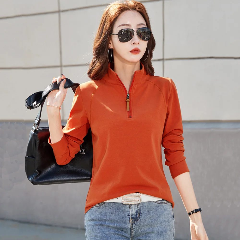 New Women Cotton T-shirt Spring Summer Fashion Zipper Stand Collar Long Sleeve Loose Tees Simplicity Casual Basic T-shirt
New Women Cotton T-shirt Spring Summer Fashion Zipper Stand Collar Long Sleeve Loose Tees Simplicity Casual Basic T-shirt