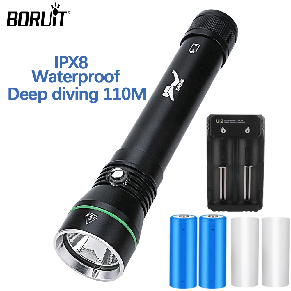 BORUiT Depth Diving Flashlight IPX8 Waterproof Professional Underwater Light 18650/26650 Battery With Hand Rope Scuba Lamp
BORUiT Depth Diving Flashlight IPX8 Waterproof Professional Underwater Light 18650/26650 Battery With Hand Rope Scuba Lamp