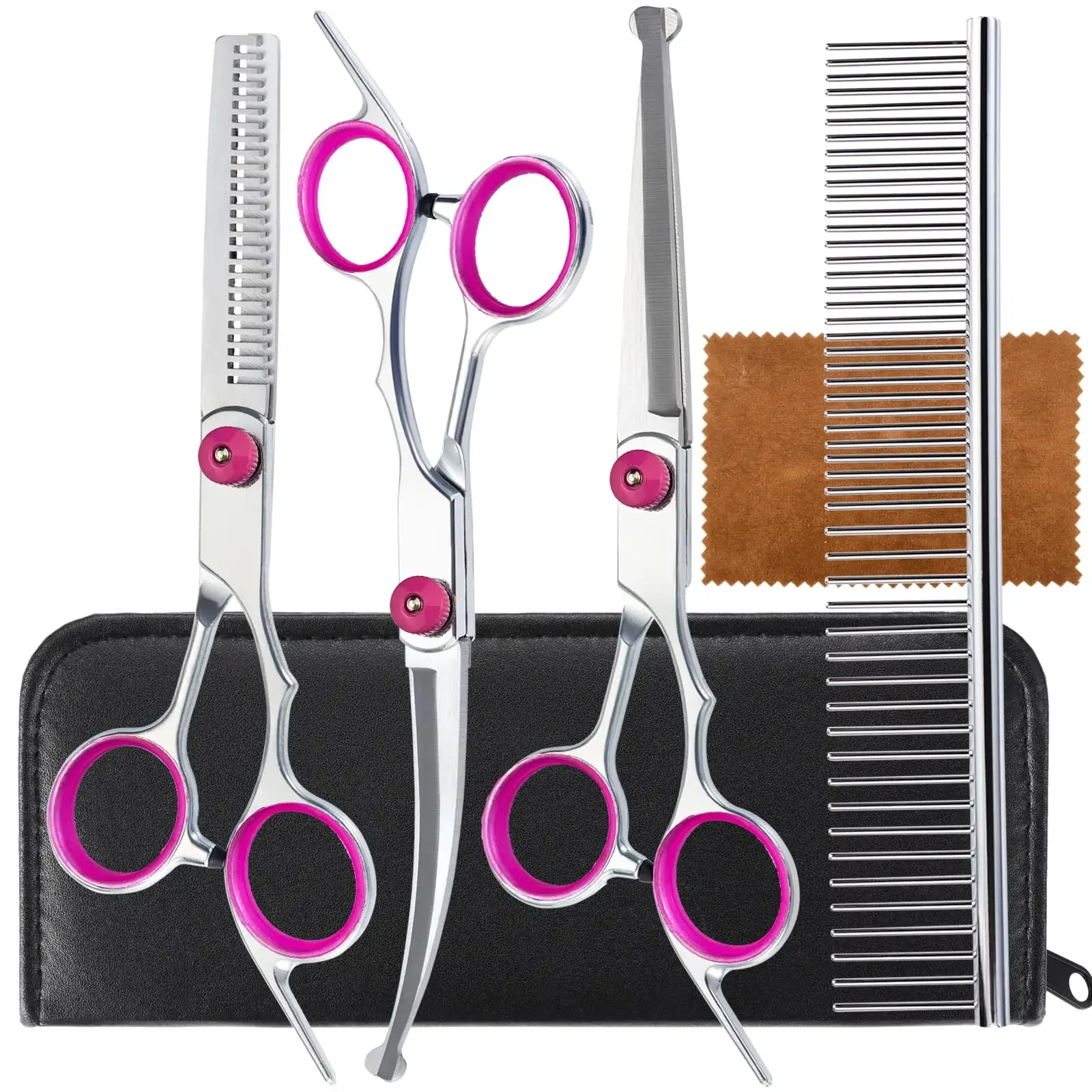 5 in 1 Dog Grooming Scissors Stainless Steel with Safety Round Tips Professional Thinning Shears Curved for Dogs Cats Pets
5 in 1 Dog Grooming Scissors Stainless Steel with Safety Round Tips Professional Thinning Shears Curved for Dogs Cats Pets