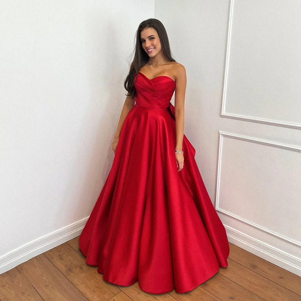 Customized Red Satin Prom Dress 2025 Strapless Pleats Elegant Evening Dress Bow Two Piece Detachable Train Formal Party Gown
Customized Red Satin Prom Dress 2025 Strapless Pleats Elegant Evening Dress Bow Two Piece Detachable Train Formal Party Gown