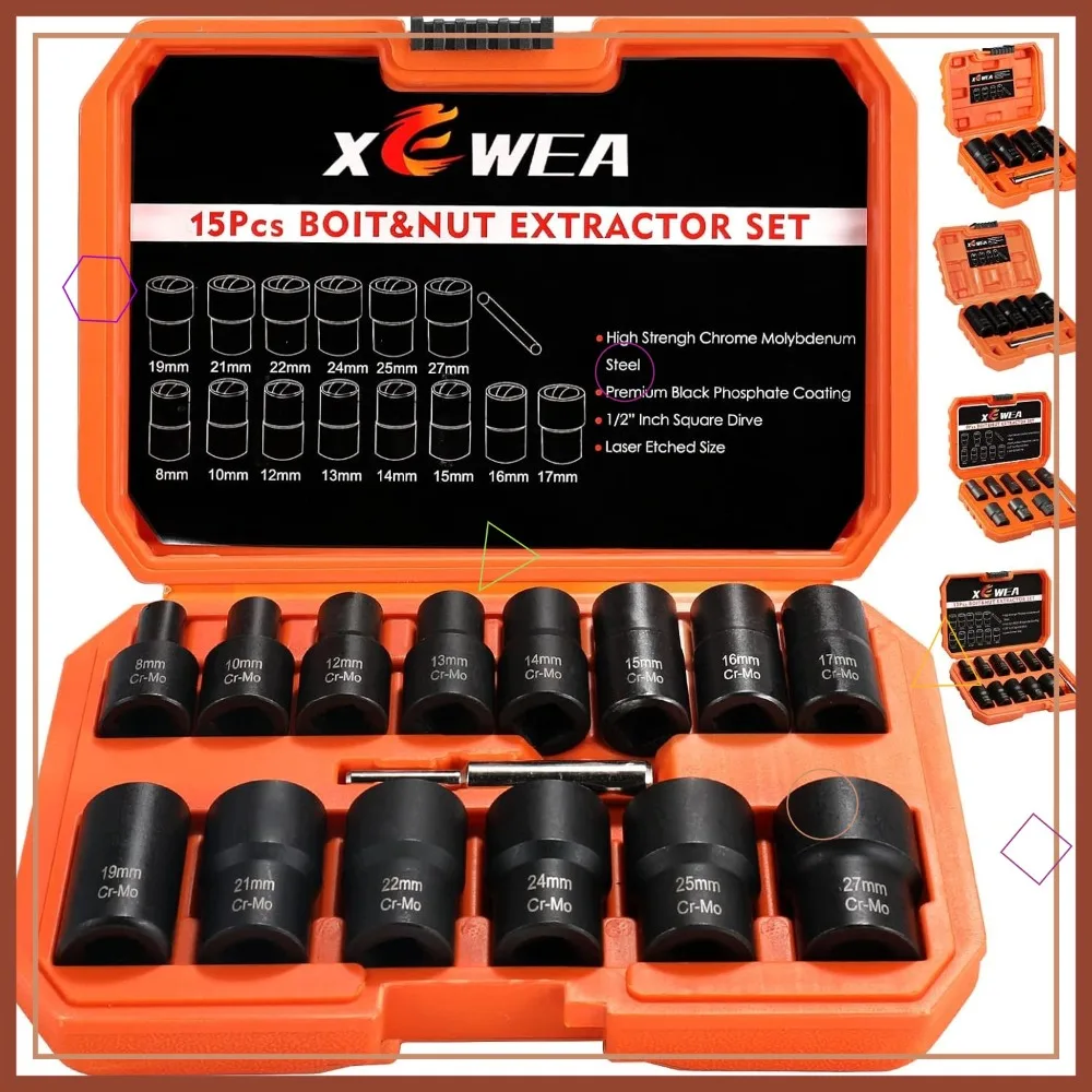 15PCS Lug Nut Removal Tools, Damaged Bolt Extractor Set for Frozen, Rounded-Off Nuts