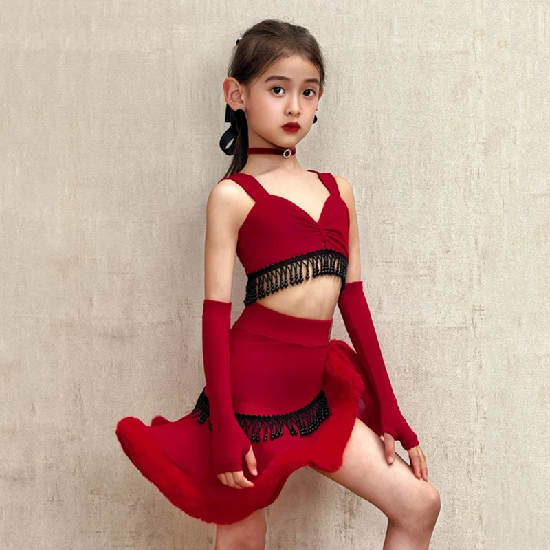 Latin Dance Suit For Competition Girl Performance Wear Red Tassel Tops Ruffled Skirt Sets Children Samba Cha Cha Stage Wear 1883
Latin Dance Suit For Competition Girl Performance Wear Red Tassel Tops Ruffled Skirt Sets Children Samba Cha Cha Stage Wear 1883