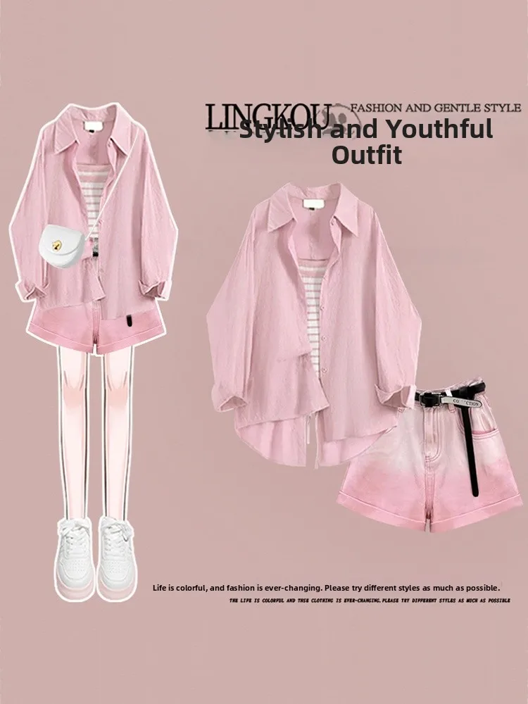 Loose Fit Summer Korean Style Women's Set Casual Feel Sun Protection Shirt Vest with Gradient Denim Shorts Three Piece Set
Loose Fit Summer Korean Style Women's Set Casual Feel Sun Protection Shirt Vest with Gradient Denim Shorts Three Piece Set