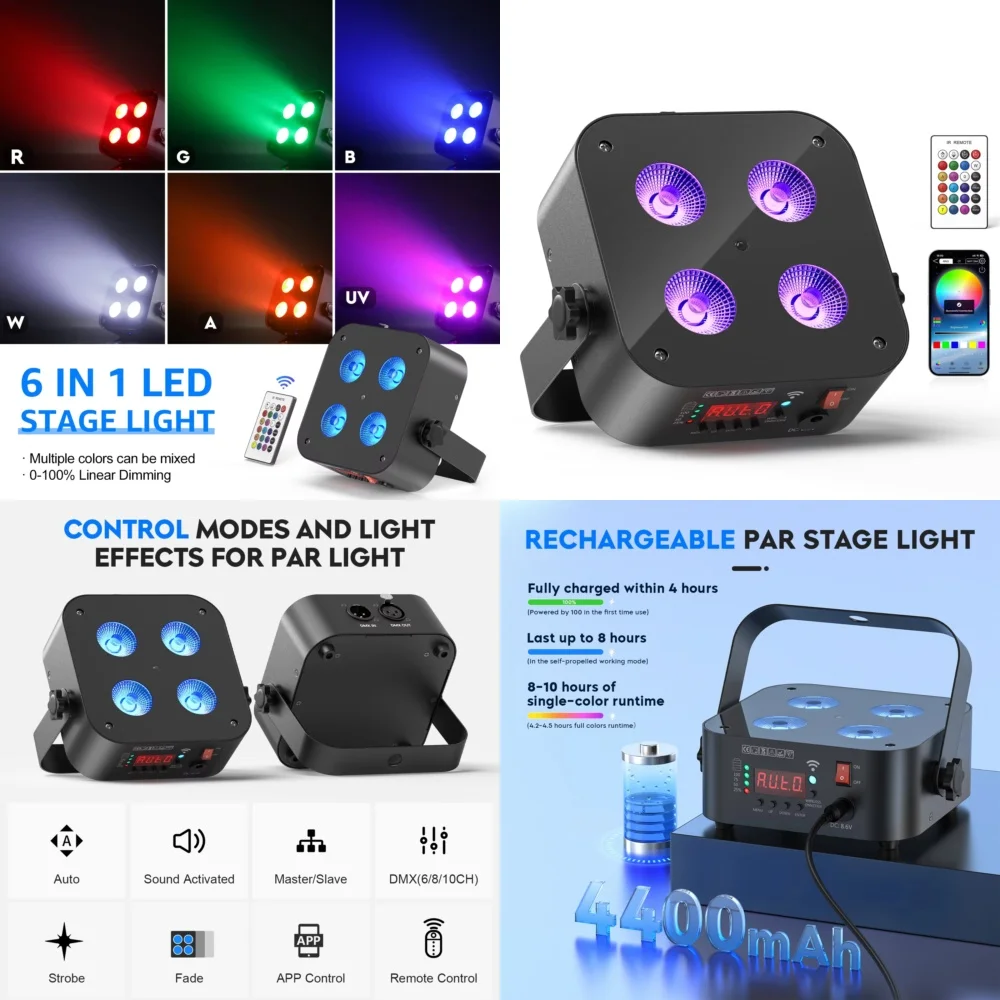 72W LED 6IN1 RGBWA UV Battery Rechargeable Par Light for Wireless Remote APP DMX512 Control for Event Wedding Church Stage
72W LED 6IN1 RGBWA UV Battery Rechargeable Par Light for Wireless Remote APP DMX512 Control for Event Wedding Church Stage