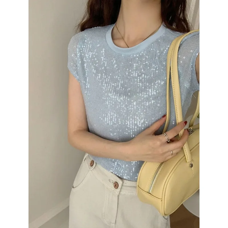 Sequined Short T Shirt Women 2024 New Y2k Summer Basic Vintage Tees Casual Loose Chic O Neck Female Crop Tops
Sequined Short T Shirt Women 2024 New Y2k Summer Basic Vintage Tees Casual Loose Chic O Neck Female Crop Tops