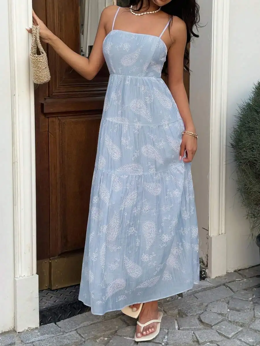 Light Blue Paisley Print Sleeveless Tiered Maxi Dress Loose Fit Summer Resort Style
Light Blue Paisley Print Sleeveless Tiered Maxi Dress Loose Fit Summer Resort Style