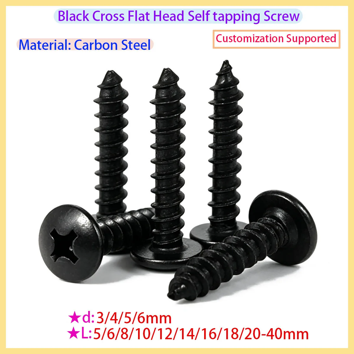 Black Carbon Steel Cross Shaped Flat Head Self Tapping Screw M2.3 M2.6 M3 M3.5 M4 M5 M6
Black Carbon Steel Cross Shaped Flat Head Self Tapping Screw M2.3 M2.6 M3 M3.5 M4 M5 M6
