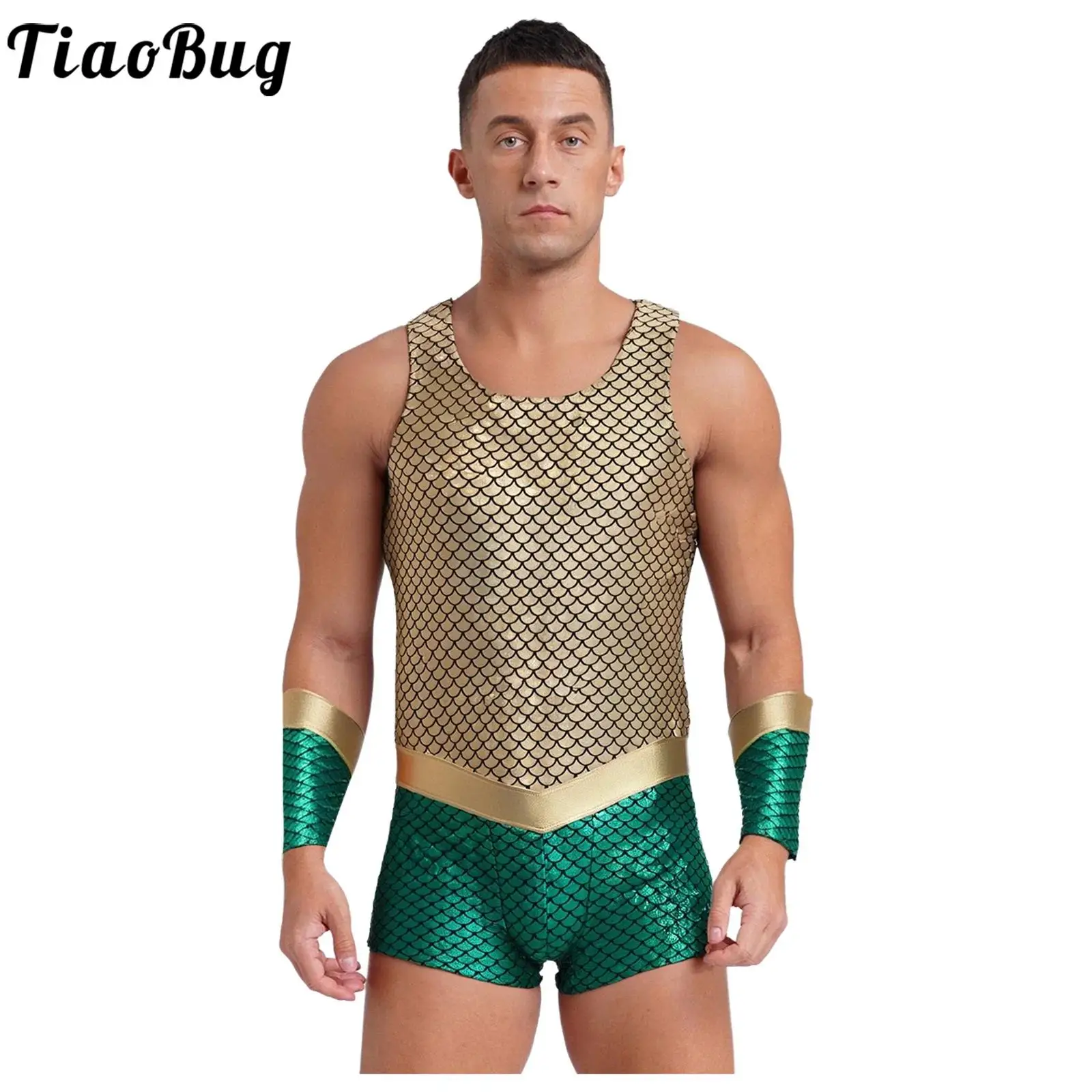 Men Halloween Sea King Sea God Cosplay Costume Shiny Fish Scales Print Bodysuit for Poseidon Merman Cosplay Costume with Sleeves
Men Halloween Sea King Sea God Cosplay Costume Shiny Fish Scales Print Bodysuit for Poseidon Merman Cosplay Costume with Sleeves