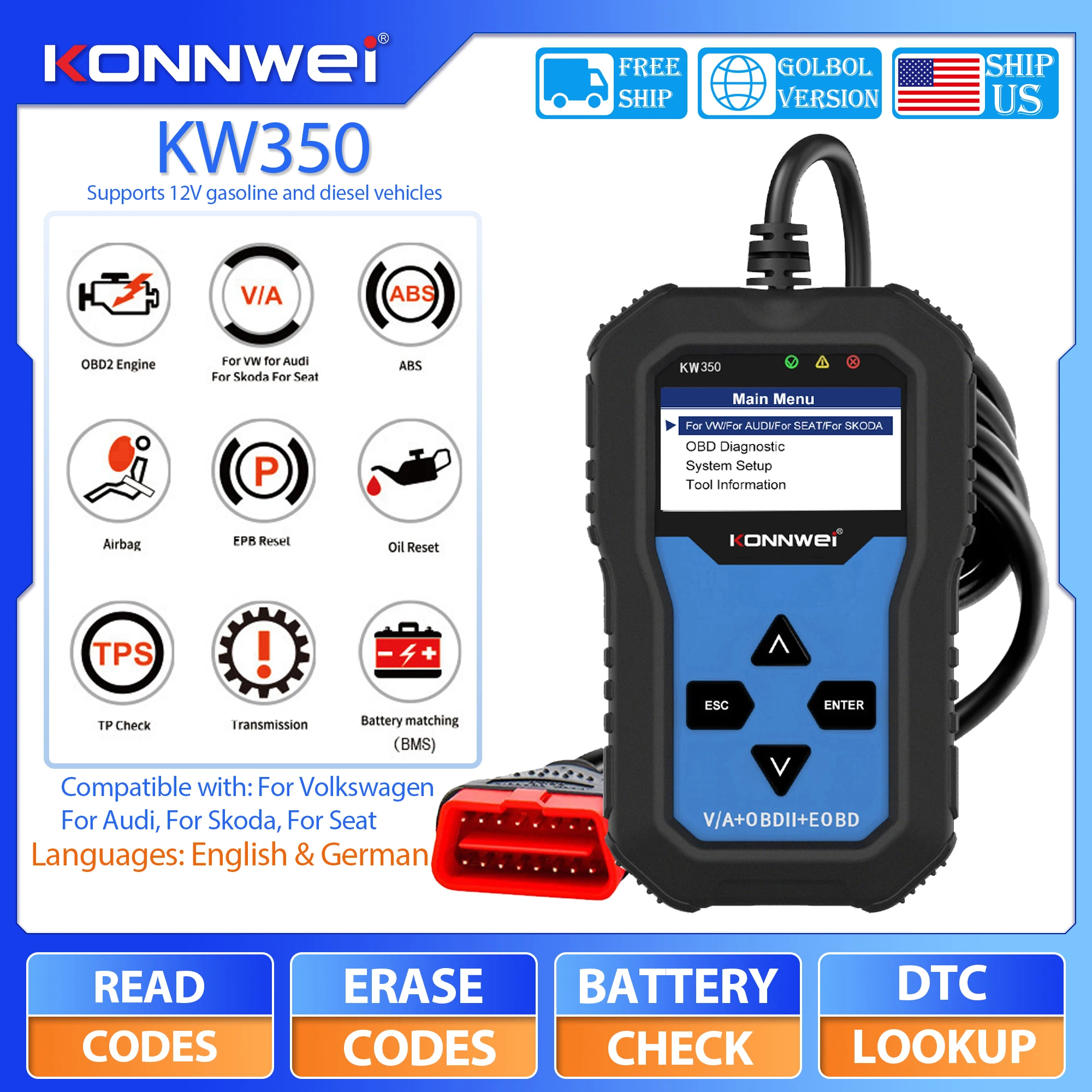 KONNWEI KW350 Professional OBD2 Diagnostic Scanner ABS SRS Airbag Fault Code Reset Tool For VW Audi All Series Cars
KONNWEI KW350 Professional OBD2 Diagnostic Scanner ABS SRS Airbag Fault Code Reset Tool For VW Audi All Series Cars