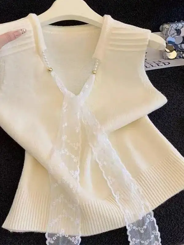 Lace Trim Pure Color Knitted Vest Women's Sleeveless Fashionable Versatile Top V-neck Regular Thickness Spring Autumn Wear
Lace Trim Pure Color Knitted Vest Women's Sleeveless Fashionable Versatile Top V-neck Regular Thickness Spring Autumn Wear